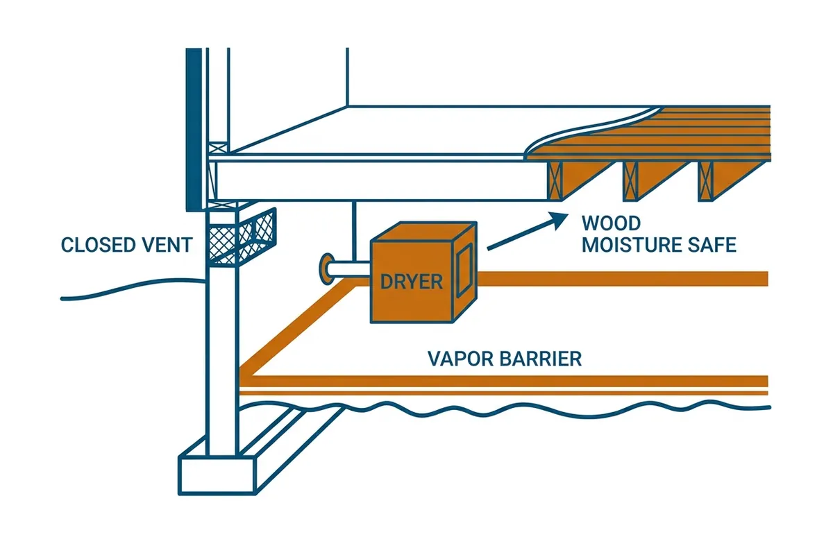 Diagram of a closed crawl space: sealed vents, Class I vapor barrier, mechanical drying