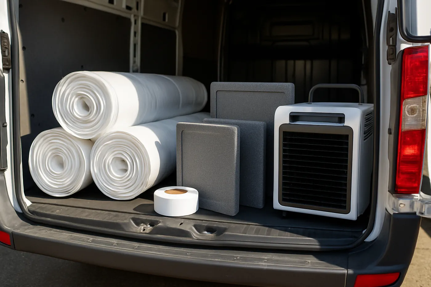 Encapsulation liner rolls, vent covers, and dehumidifier loaded in a work van in Charlotte