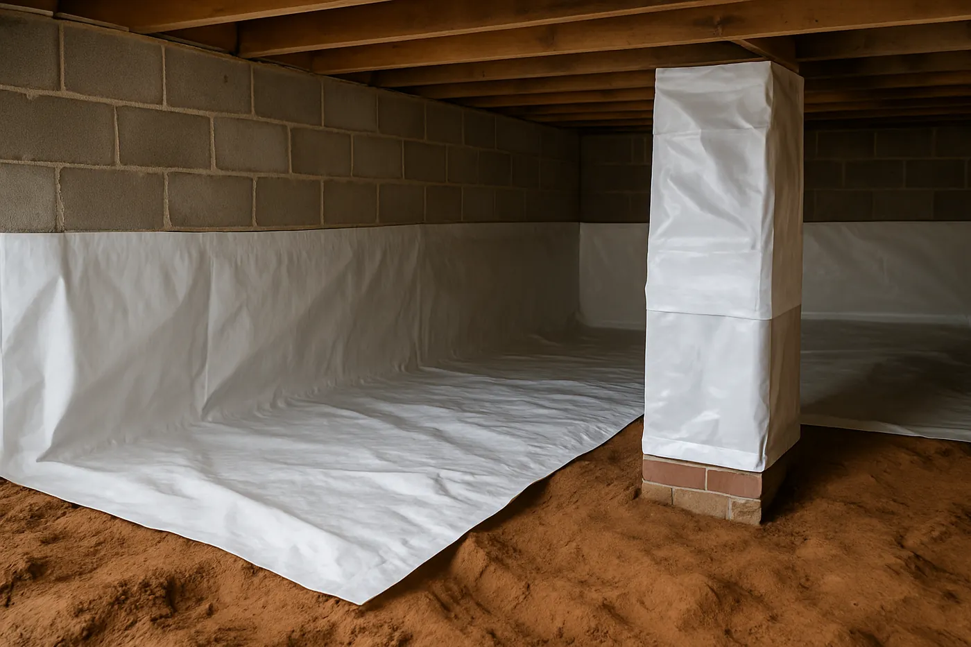 White liner dressed over red clay ground and up the block wall of a Charlotte crawl space